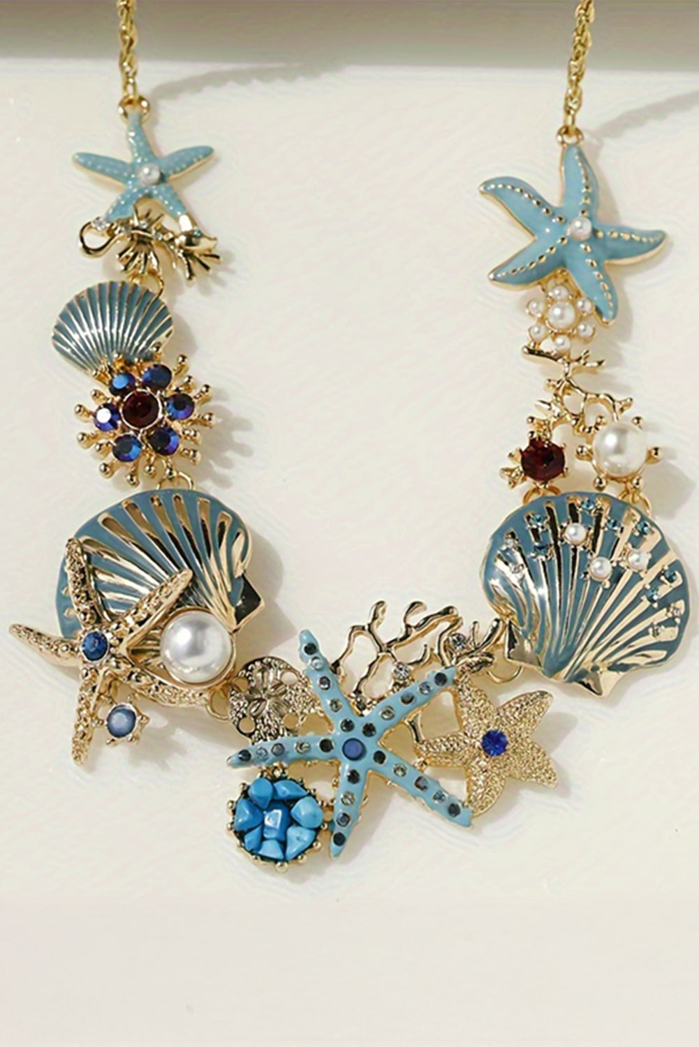 Light Blue Seashell Starfish Pearl Decor Alloy Adjustable Necklace