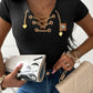 Chain Decor Lace Up V Neck Short Sleeve T Shirt Casual Rhinestone Patch Slim Fit Top