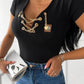 Chain Decor Lace Up V Neck Short Sleeve T Shirt Casual Rhinestone Patch Slim Fit Top