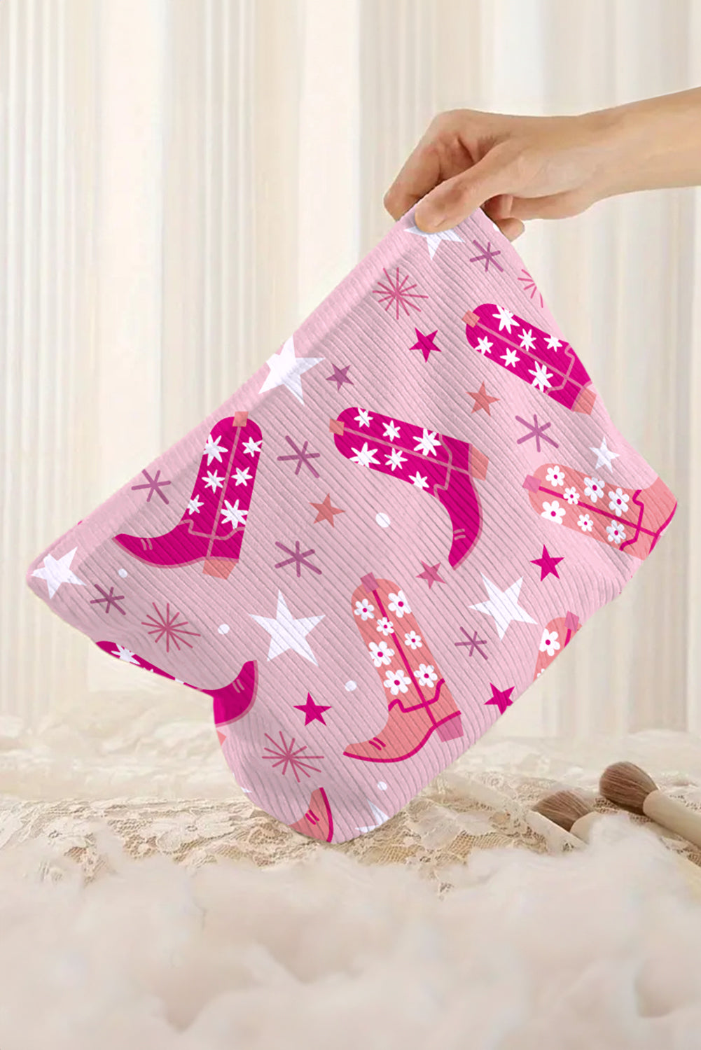 Pink Western Cowboy Boots Star Print Large Makeup Bag
