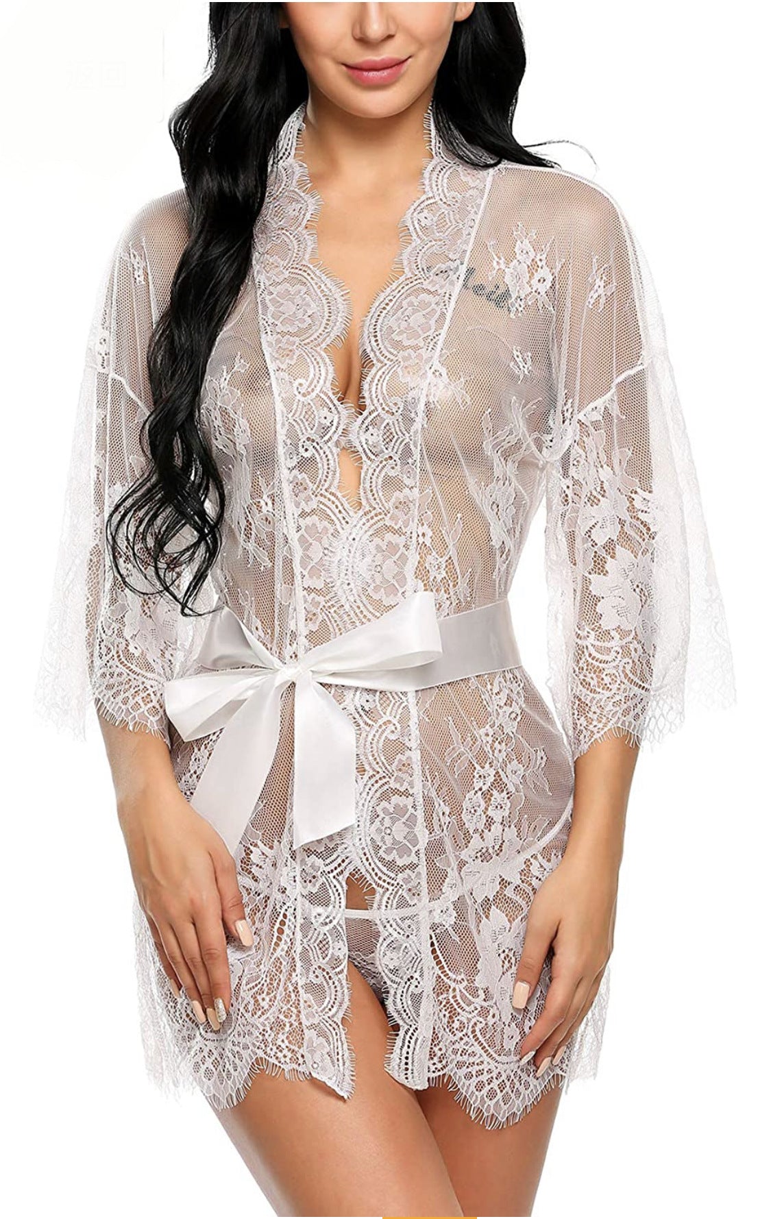 Women's Lace Kimono Robe Babydoll Lingerie Mesh Nightgown