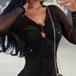 Glitter Lurex Sheer Mesh V Neck Slim Fit Bodycon Long Sleeeve Cutout Mini Party Dress