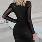 Glitter Lurex Sheer Mesh V Neck Slim Fit Bodycon Long Sleeeve Cutout Mini Party Dress