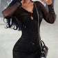 Glitter Lurex Sheer Mesh V Neck Slim Fit Bodycon Long Sleeeve Cutout Mini Party Dress