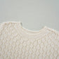 Beige Hollow Out Crochet O Neck Short Sleeve Sweater Tee