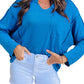Blue Ribbed Exposed Seam Knit V Neck Long Sleeve Top