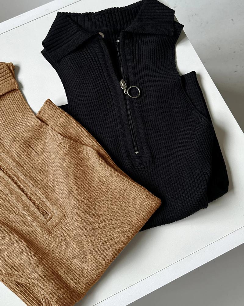 Sleeveless Polo Neck Metal Zipper Front Tank Casual Slim Fit Knit Top