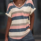 2 Pieces Outfit Colorful Striped Print V Neck Pocket Design Top and Casual Shorts with Pockets