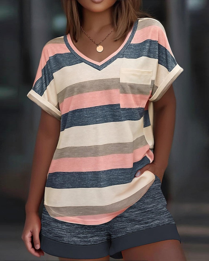2 Pieces Outfit Colorful Striped Print V Neck Pocket Design Top and Casual Shorts with Pockets