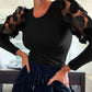 Shoulder 3D Sheer Flower Patch Long Sleeve Knit Shirt Casual Slim Fit Top