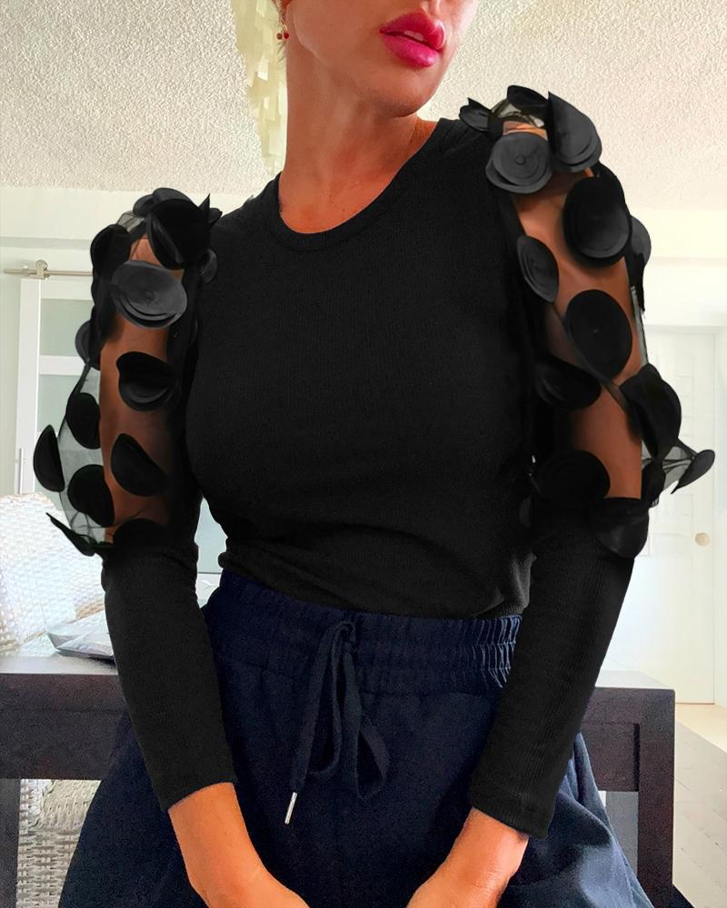 Shoulder 3D Sheer Flower Patch Long Sleeve Knit Shirt Casual Slim Fit Top