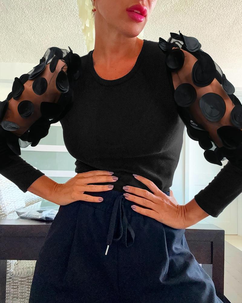 Shoulder 3D Sheer Flower Patch Long Sleeve Knit Shirt Casual Slim Fit Top