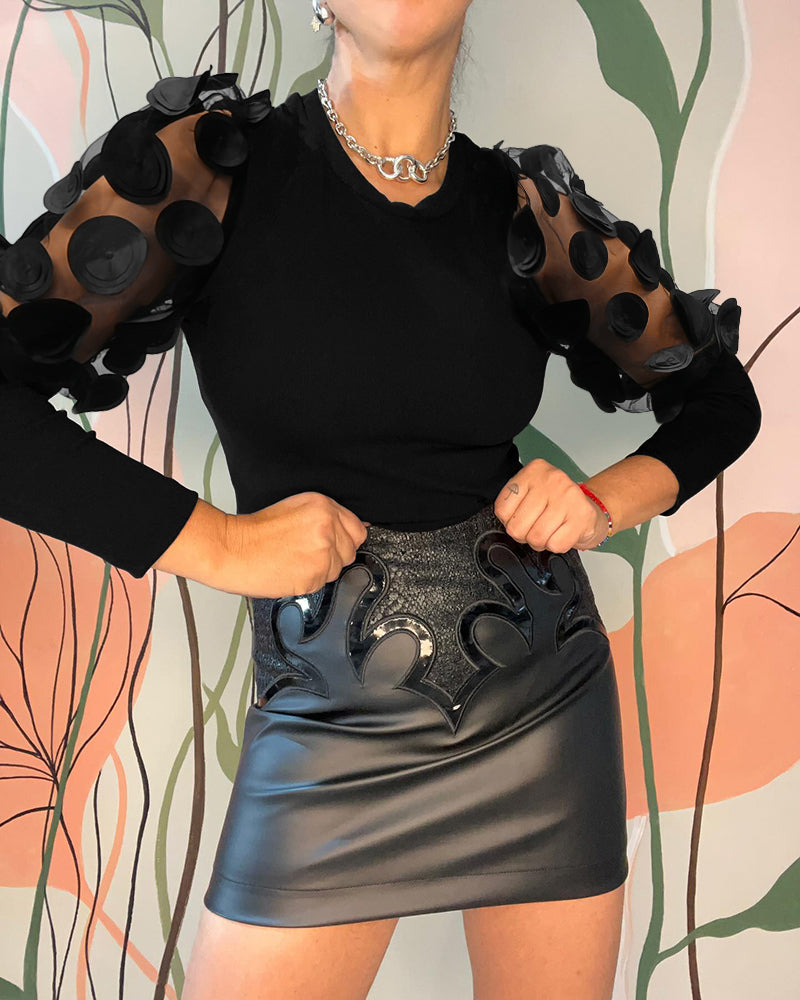 Shoulder 3D Sheer Flower Patch Long Sleeve Knit Shirt Casual Slim Fit Top