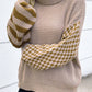 Smoke Gray Striped Plaid Patchwork Waffle Knit Turtleneck Sweater