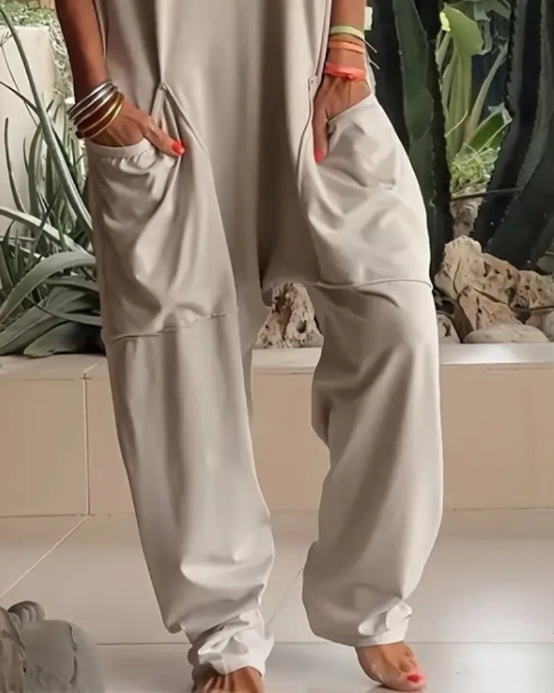 V Neck High Stretch Tapered Leg Casual Jumpsuit With Pockets