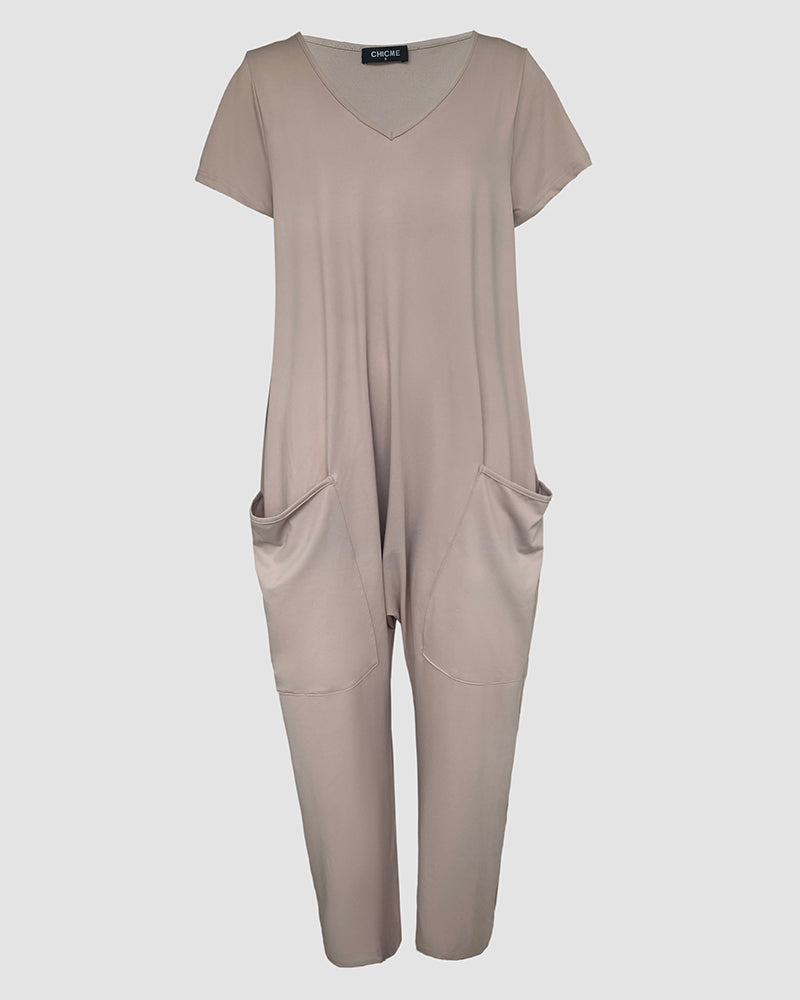 V Neck High Stretch Tapered Leg Casual Jumpsuit With Pockets