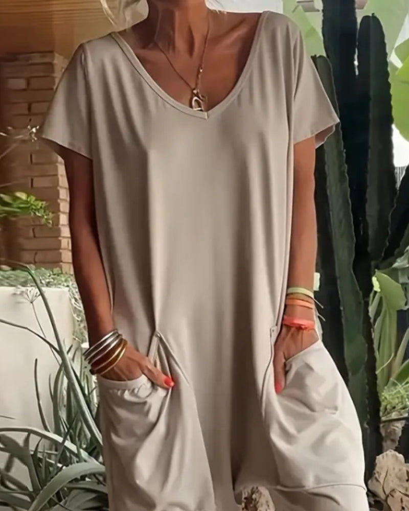 V Neck High Stretch Tapered Leg Casual Jumpsuit With Pockets