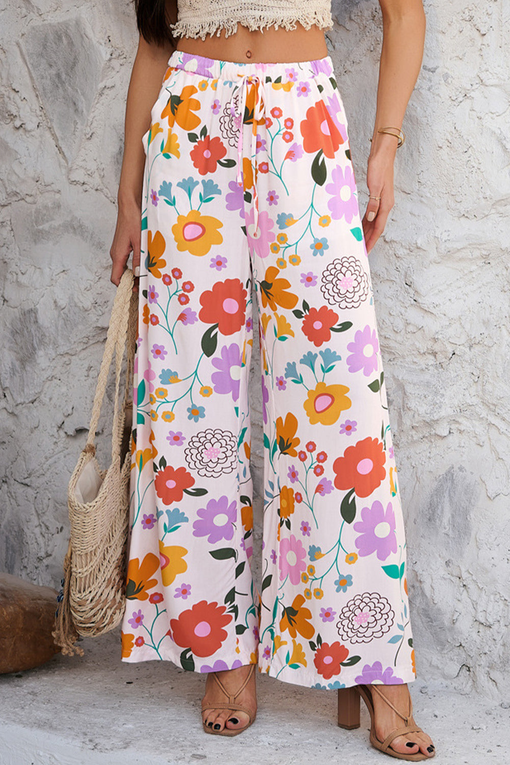 Pink Boho Print Wide Leg High Waist Casual Pants