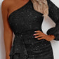 Glitter One Shoulder Party Dress Ruched Ruffles Bodycon Dress