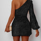 Glitter One Shoulder Party Dress Ruched Ruffles Bodycon Dress