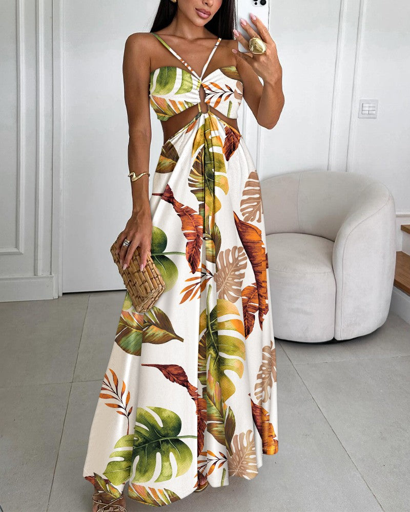 Tropical Print Backless Maxi Dress