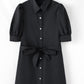 Black Button Up Tie Waist Puff Sleeve Mini Dress