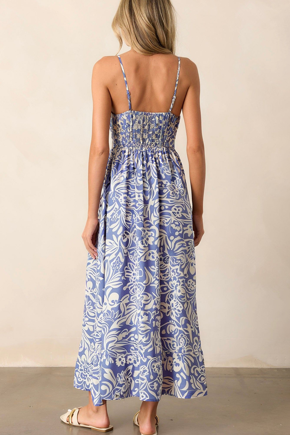 Sky Blue Floral Print Spaghetti Strap High Waist Maxi Dress