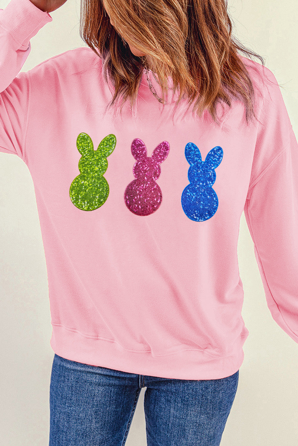 Pink Easter Bunny Patched Drop Shoulder Sweatshirt