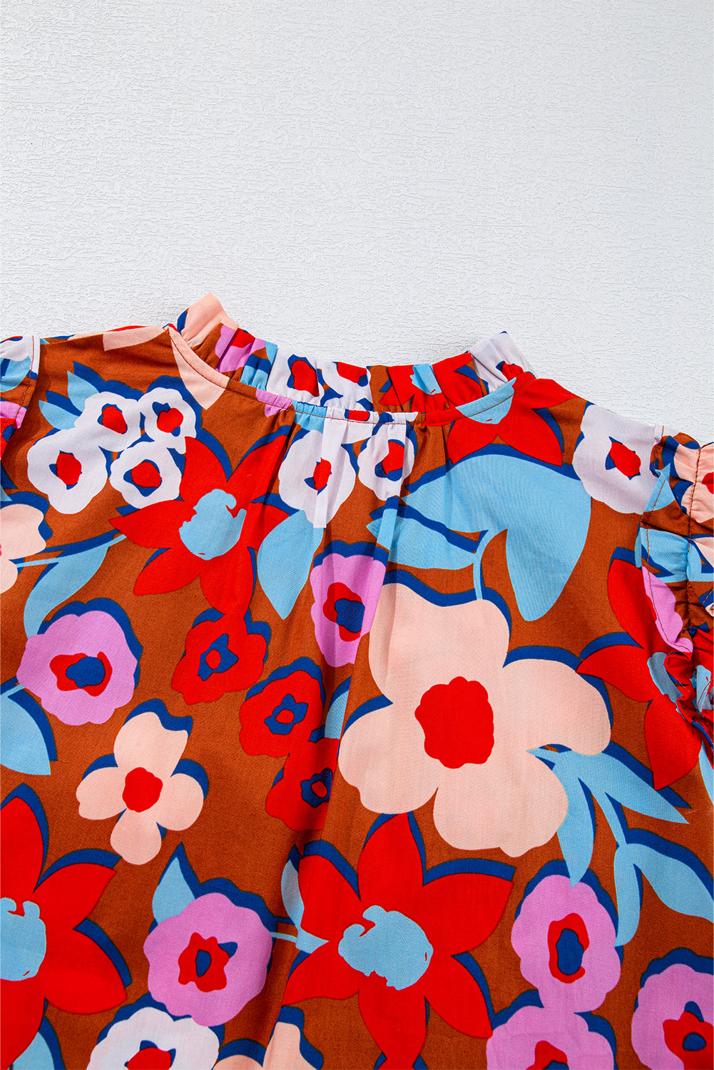 Brown Flower Print Self Tie Frilled Collar Puff Sleeve Blouse