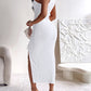 Ribbed Sleeveless Drawstring Ruched High Slit Dress