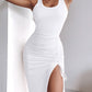 Ribbed Sleeveless Drawstring Ruched High Slit Dress