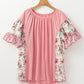 Pink Plus Size Floral Patchwork Ruffled Short Sleeve Blouse
