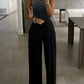 Rhinestone Cutout Ruched Wide Leg Jumpsuit