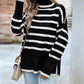Striped High Neck Side Slit Knit Sweater