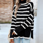 Striped High Neck Side Slit Knit Sweater