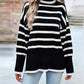 Striped High Neck Side Slit Knit Sweater