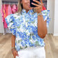 Sky Blue Floral Print Ruffle Sleeve Frilly Button Up Shirt