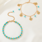 Gold Turquoise Beaded Flower Charm Layered Adjustable Anklet