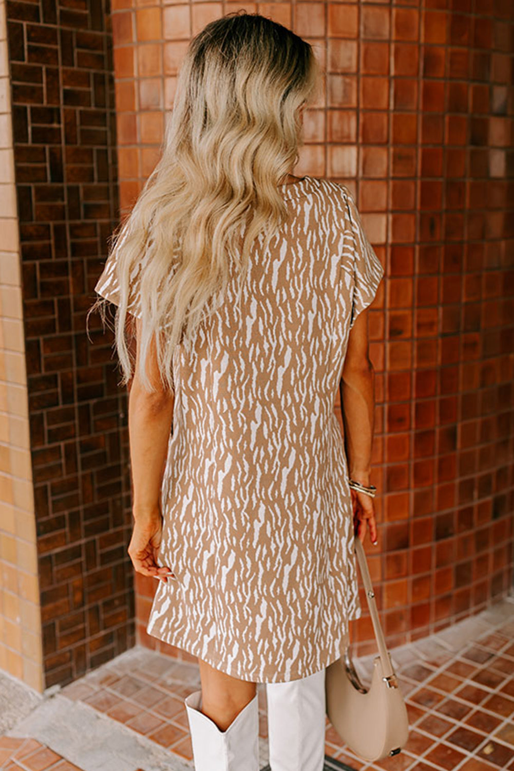 Khaki Abstract Print V Neck Short Sleeve Shift T Shirt Dress