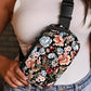 Black Floral Print Zipper Wide Strap Sling Bag