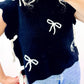 Black Bow Print Side Ties Scalloped Hem Sweater T Shirt