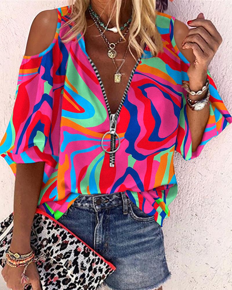 Abstract Print Zip Front Cold Shoulder Top
