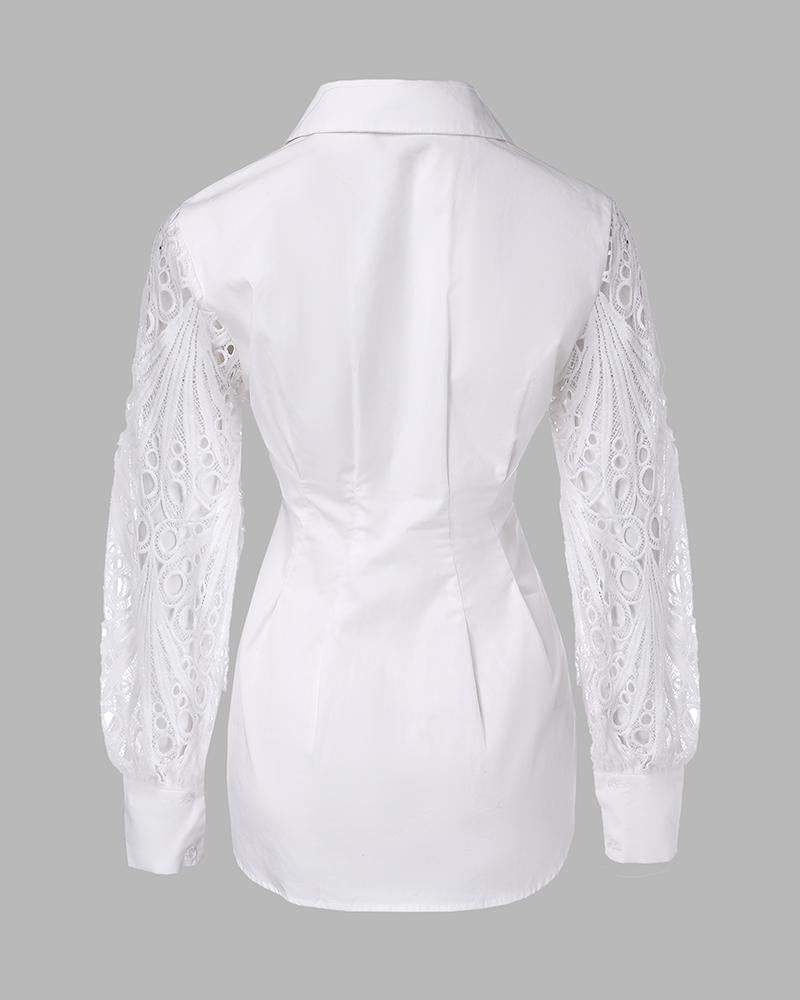 Lantern Sleeve Eyelet Embroidery Top