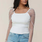 White Swiss Dot Mesh Long Sleeve Square Neck Slim Top