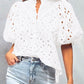 White Flower Embroidered Hollow-out Puff Sleeve Blouse