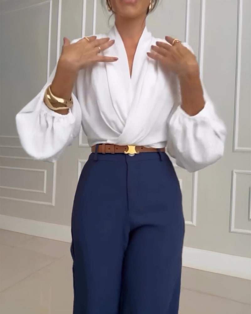 Overlap V Neck Lantern Sleeve Padded Shoulders 2 In 1 Blouse Casual Ruched Elastic Hem Crop Top