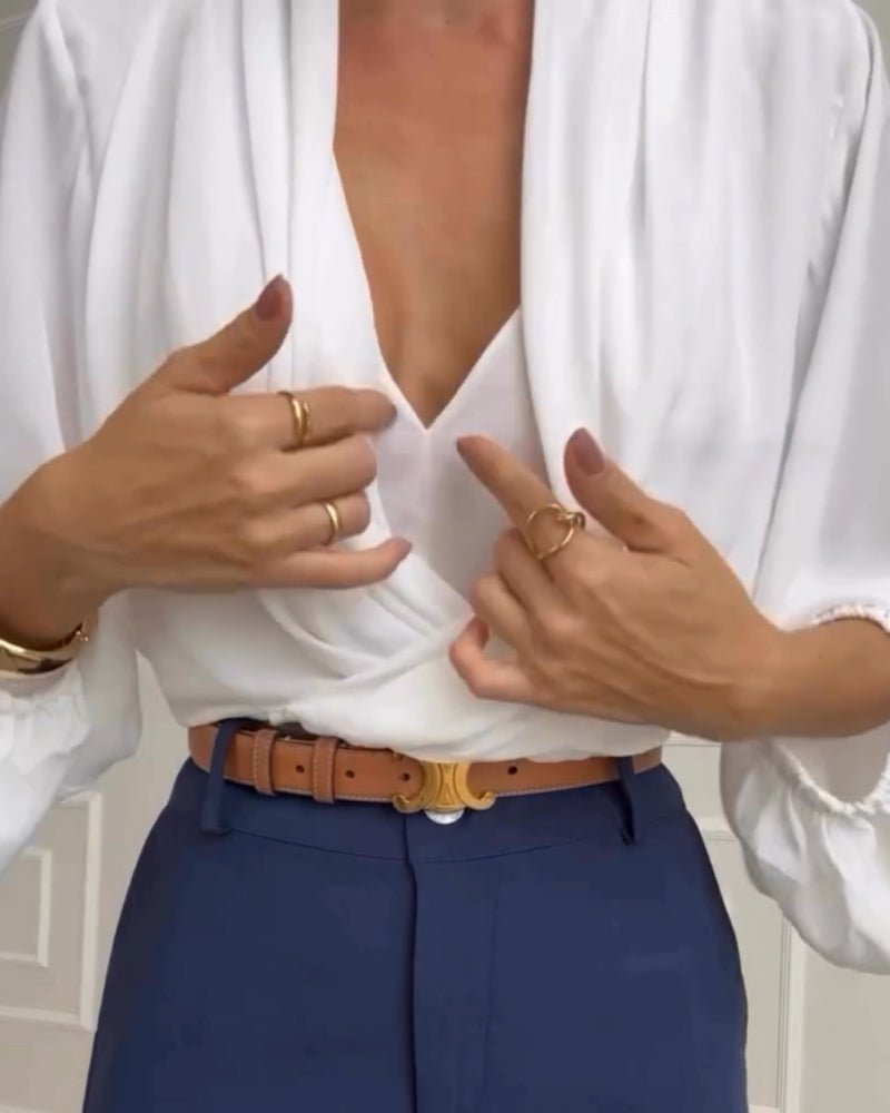 Overlap V Neck Lantern Sleeve Padded Shoulders 2 In 1 Blouse Casual Ruched Elastic Hem Crop Top