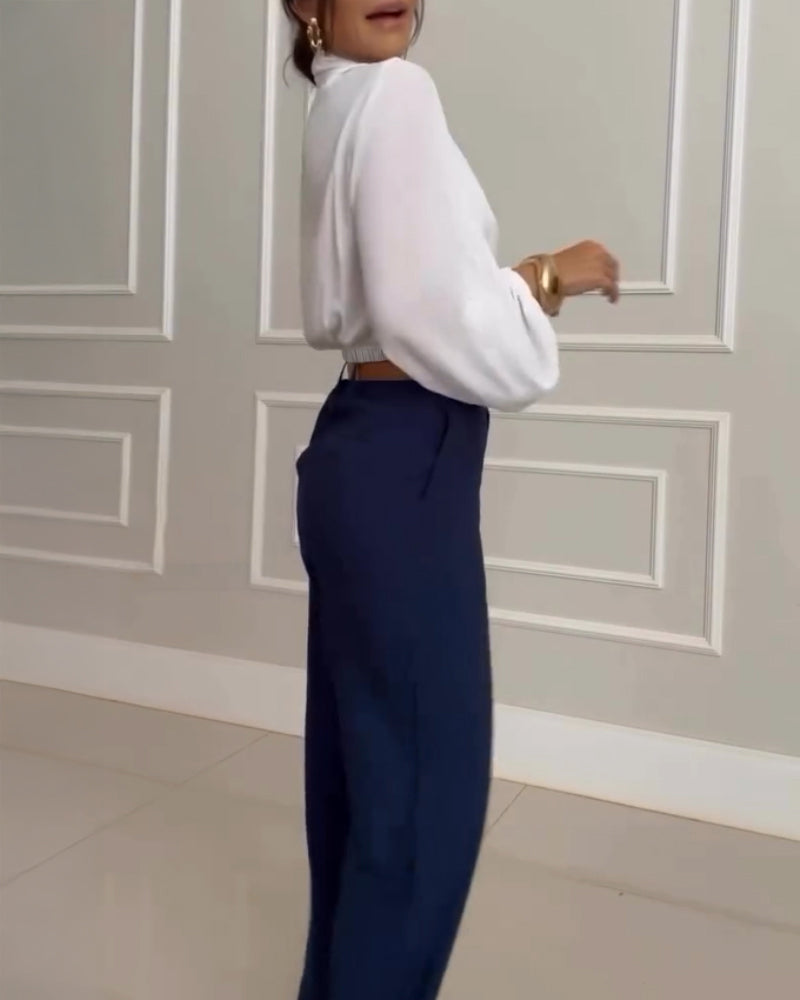 Overlap V Neck Lantern Sleeve Padded Shoulders 2 In 1 Blouse Casual Ruched Elastic Hem Crop Top