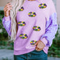 Orchid Petal Mardi Gras Doughnut Graphic Sequin Patchwork Long Sleeve Top