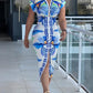Tropical Print V Neck Short Sleeve Casual Ruched Slit Mid Calf Dress